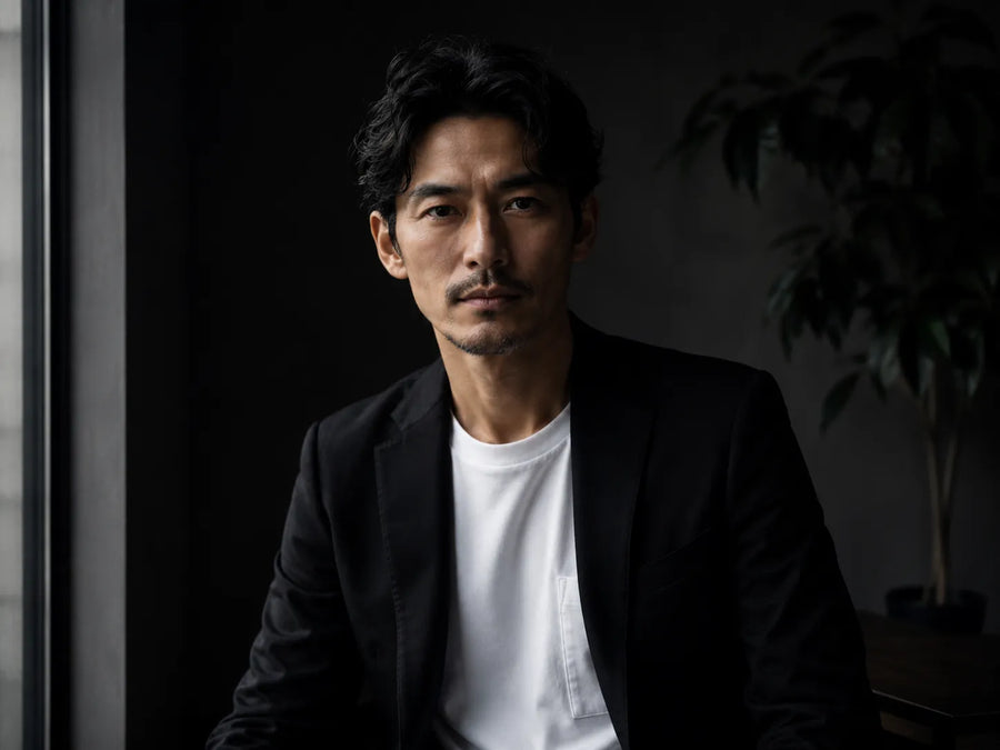 黒いジャケットの下に白いTシャツを着た男性