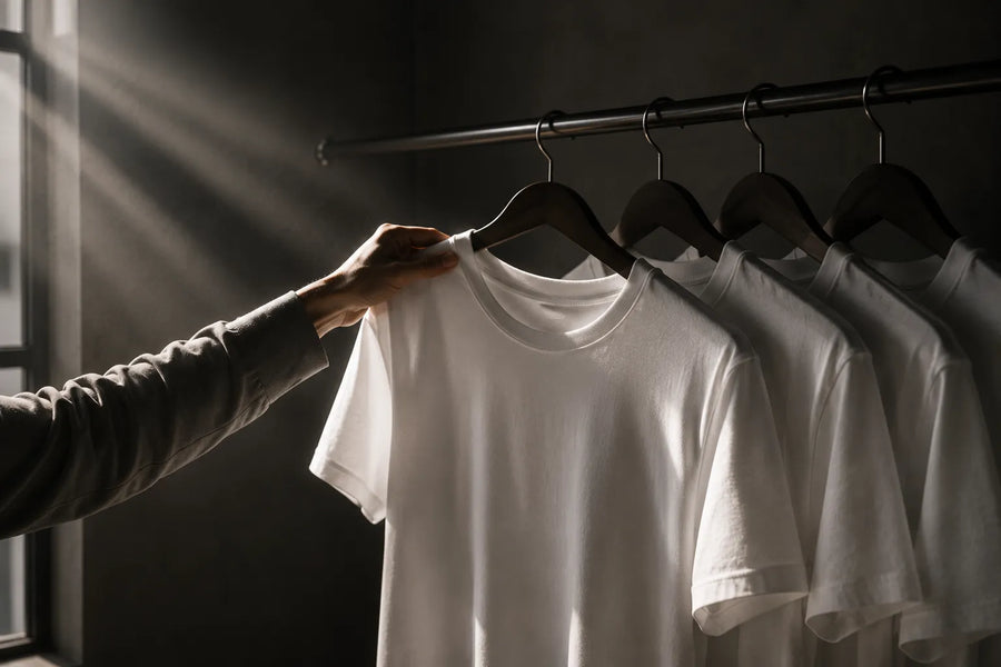光の差し込む部屋で、ハンガーに掛けた白いTシャツに手を伸ばす様子
