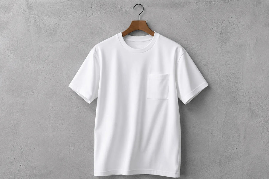 壁の前のハンガーに掛けた、白いTシャツ