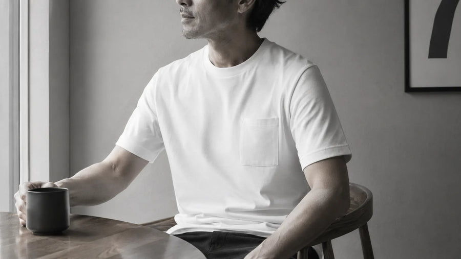 窓辺でカップを手に、白いTシャツを着て座る男性