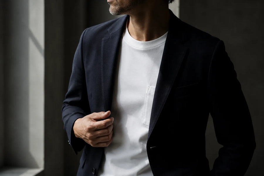 紺のジャケットの下に白いTシャツを着た男性の胸元